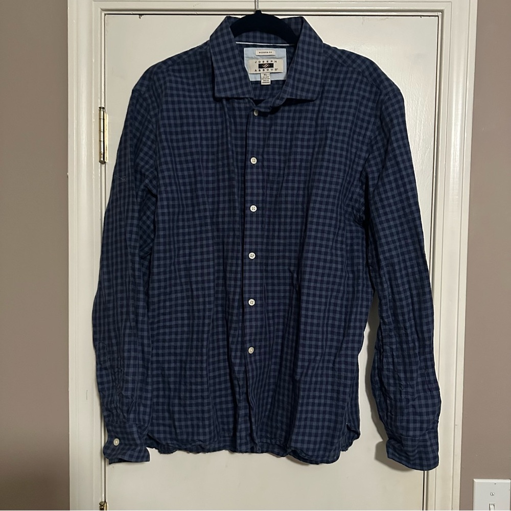 Joseph Abboud Modern Fit Blue Plaid Linen Blend Button-Down Shirt